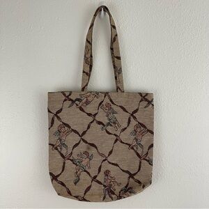 Vintage 90s Tan Brown Cherub Angels Tapestry Carpet Shoulder Shopping Tote Bag